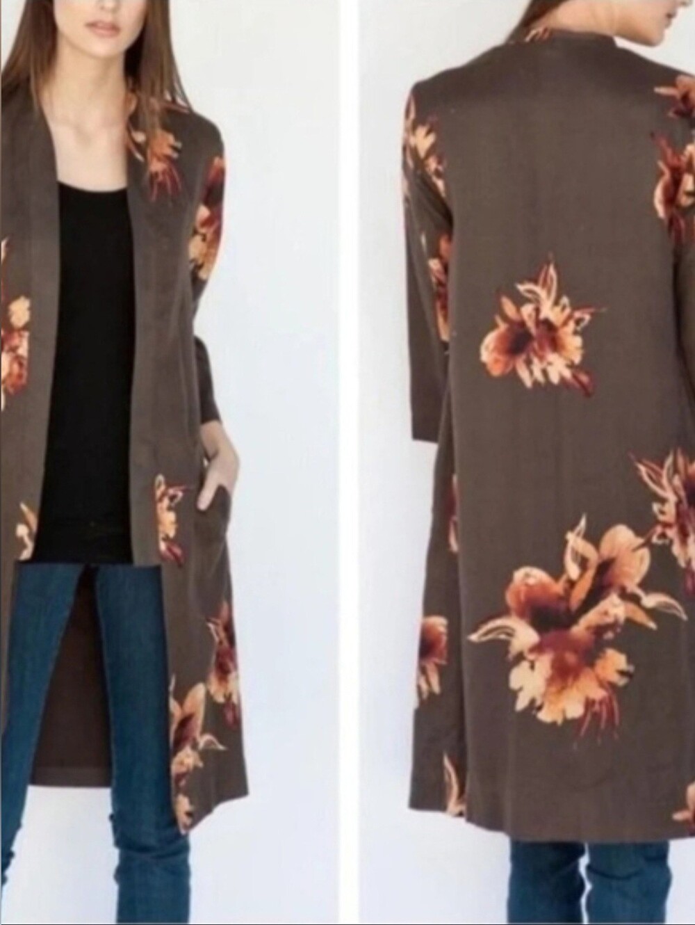 Free People Boho Floral Duster Kimono Cardigan Charcoal Grey Open Front S Fall